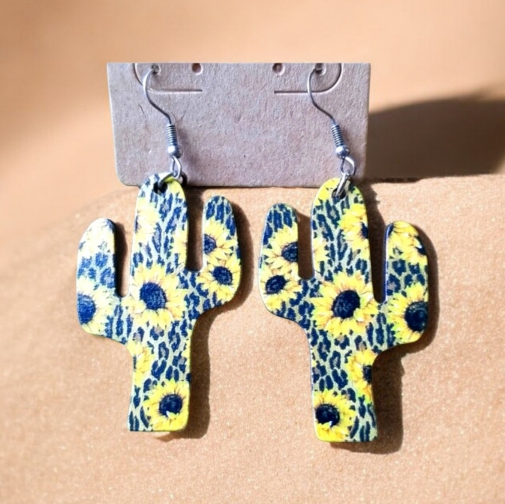 Cactus Shaped Sunflower Leopard Print Earrings